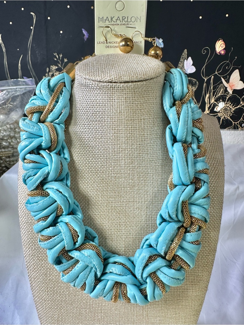 Makarlon Turquoise Braided Statement Necklace w/gold-tone Mesh Intertwined